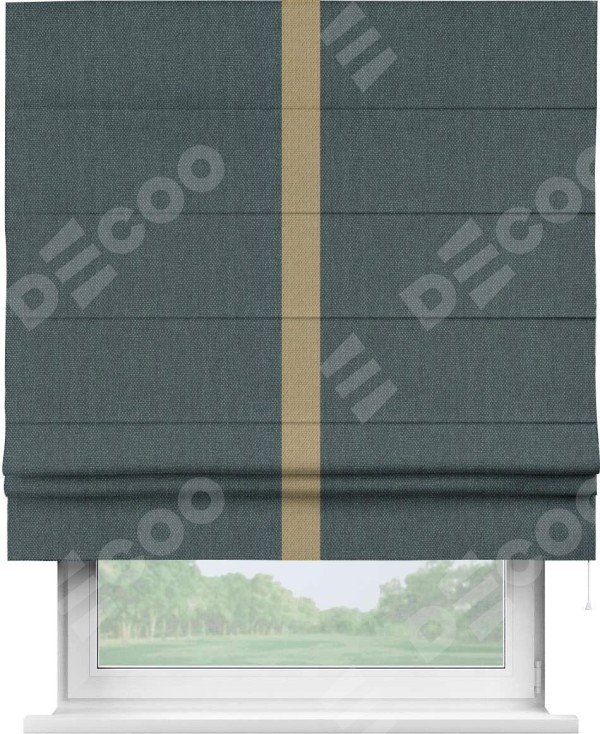 Римская штора «Кортин» с кантом Хайвэй, для проема, ткань лён димаут, серо-синий