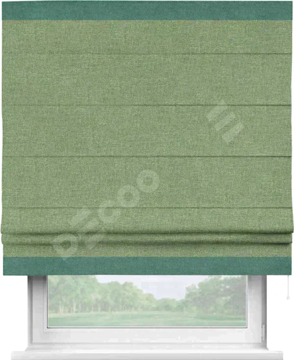 Римская штора «Cortin» для проёма, лён димаут светло-салатовый с кантом Горизонт