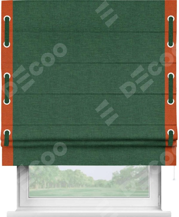 Римская штора «Кортин» с кантом Стрим Дуо (люверсы с пояском), для проема, ткань лён серо-зеленый