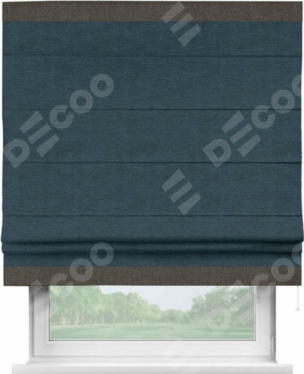 Римская штора «Кортин» с кантом Горизонт, для проема, ткань твид блэкаут, глубокий синий