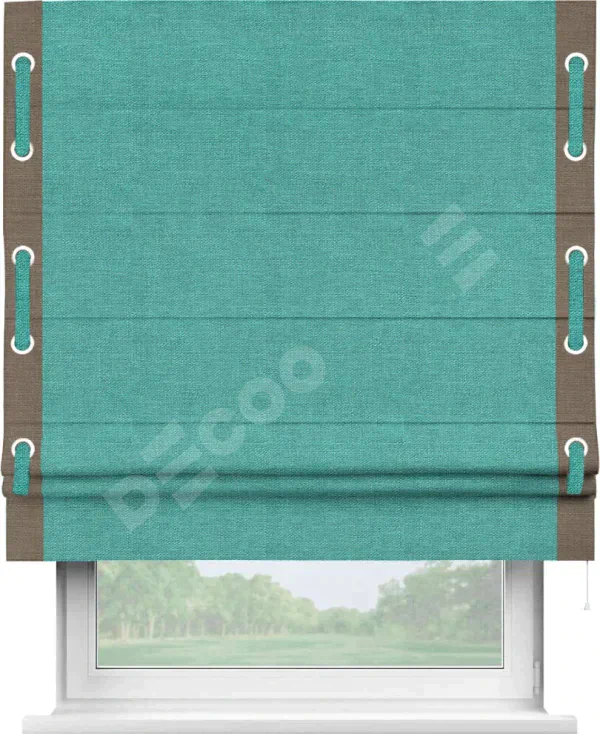 Римская штора «Кортин» с кантом Стрим Дуо (люверсы с пояском), для проема, ткань лён изумрудный