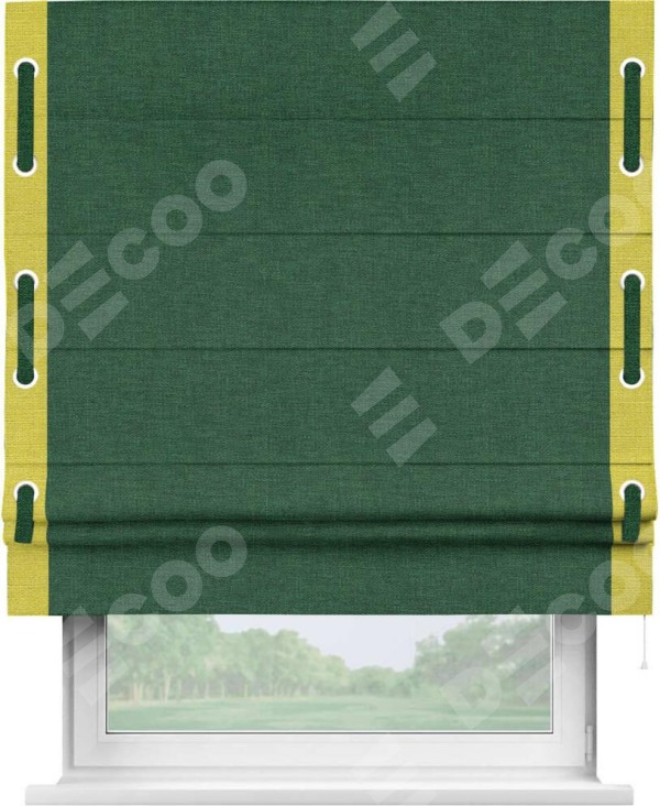 Римская штора «Кортин» с кантом Стрим Дуо (люверсы с пояском), для проема, ткань лён серо-зеленый