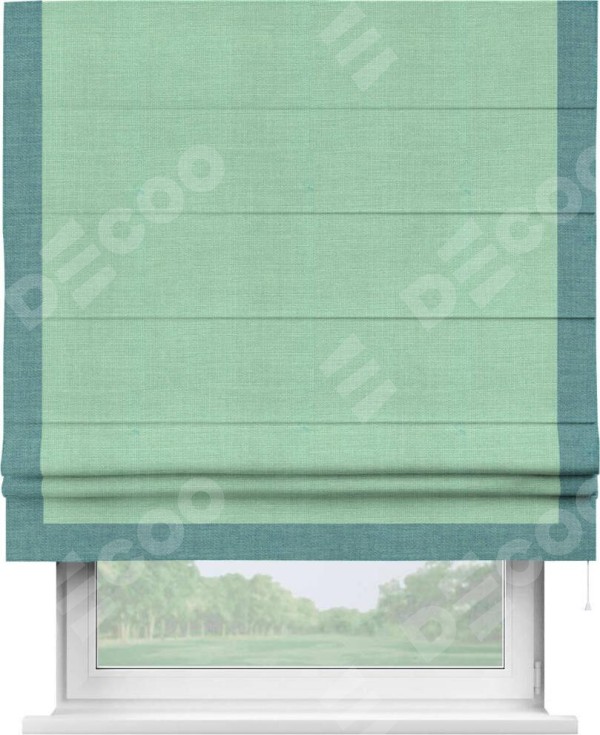 Римская штора «Кортин» с кантом Виктория, для проема, ткань лён светло-бирюзовый
