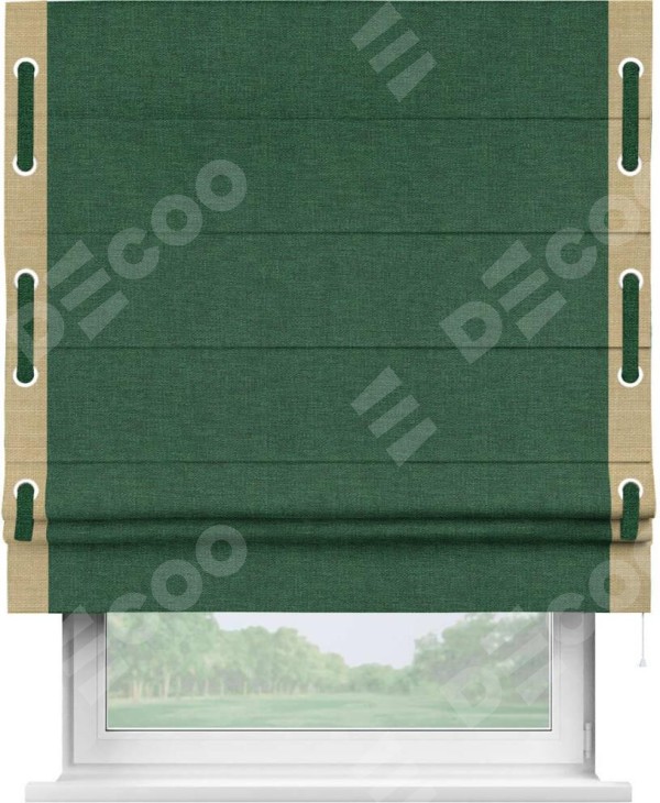 Римская штора «Кортин» с кантом Стрим Дуо (люверсы с пояском), для проема, ткань лён серо-зеленый