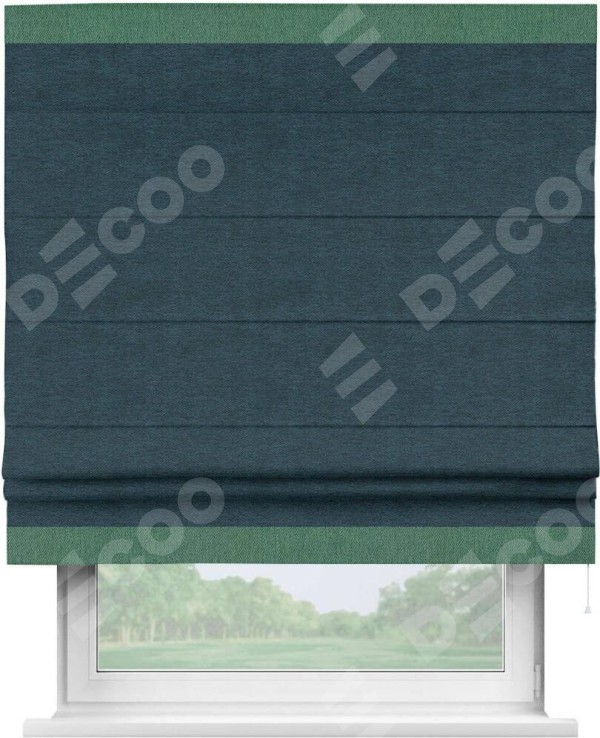 Римская штора «Кортин» с кантом Горизонт, для проема, ткань твид блэкаут, глубокий синий