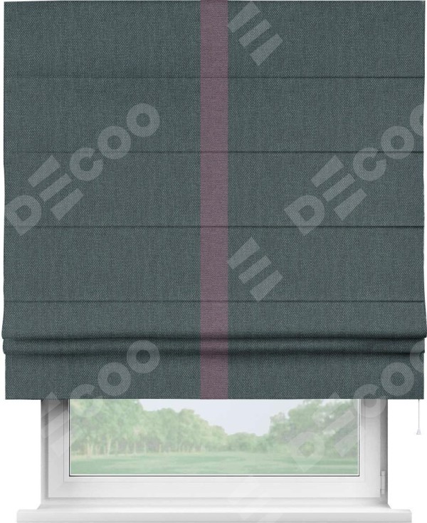 Римская штора «Кортин» с кантом Хайвэй, для проема, ткань лён димаут, серо-синий