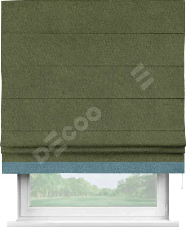Римская штора «Кортин» для проема, лён димаут салатовый с кантом Джестер