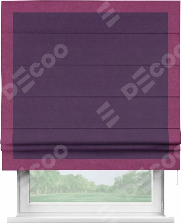 Римская штора «Кортин» с кантом Чесс, для проема, ткань вельвет темно-фиолетовый