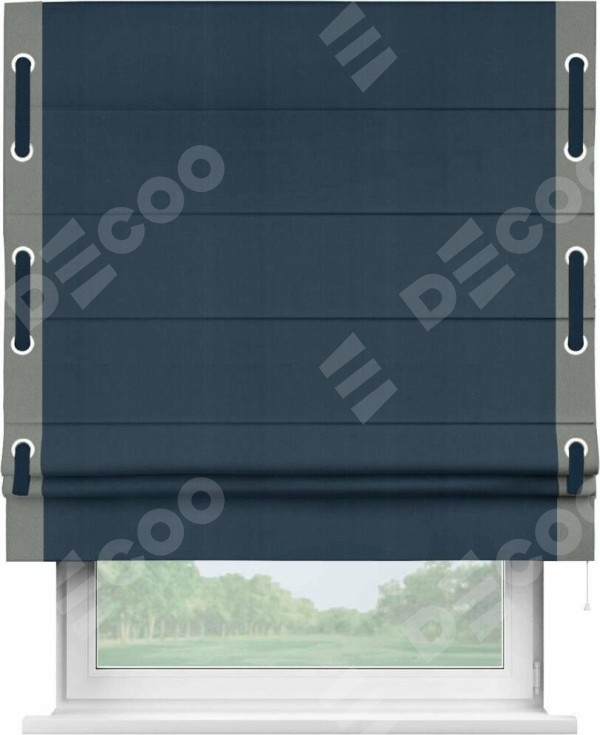 Римская штора «Кортин» с кантом Стрим Дуо (люверсы с пояском), для проема, ткань блэкаут однотонный синий