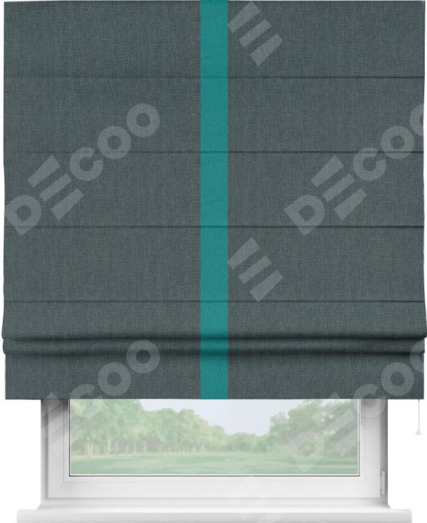 Римская штора «Кортин» с кантом Хайвэй, для проема, ткань лён димаут, серо-синий